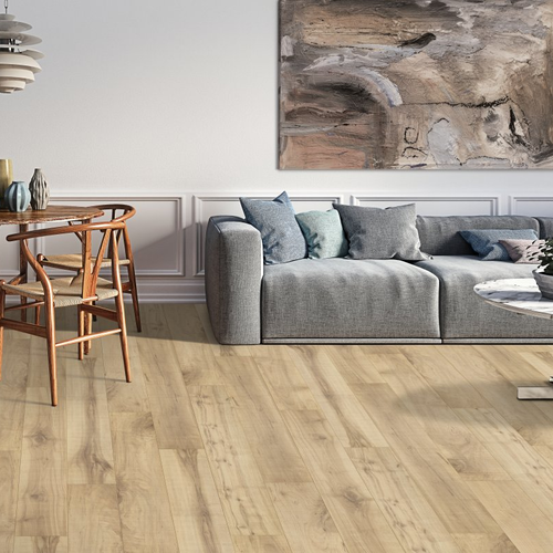 Living room with laminate flooring - Hartwick- Beigewood Maple