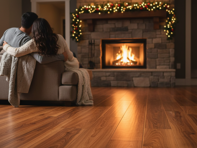 Holiday decor in a warm and cozy living room with hardwood flooring