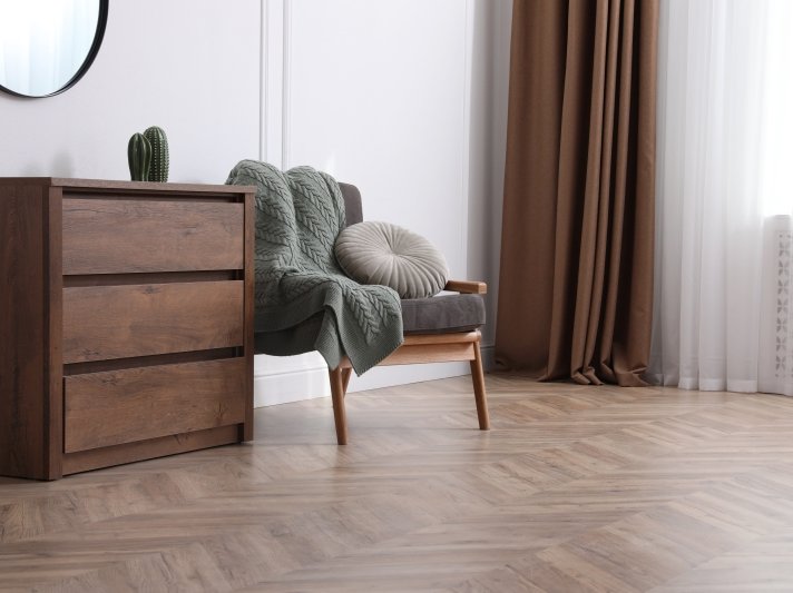 Seating area with herringbone flooring